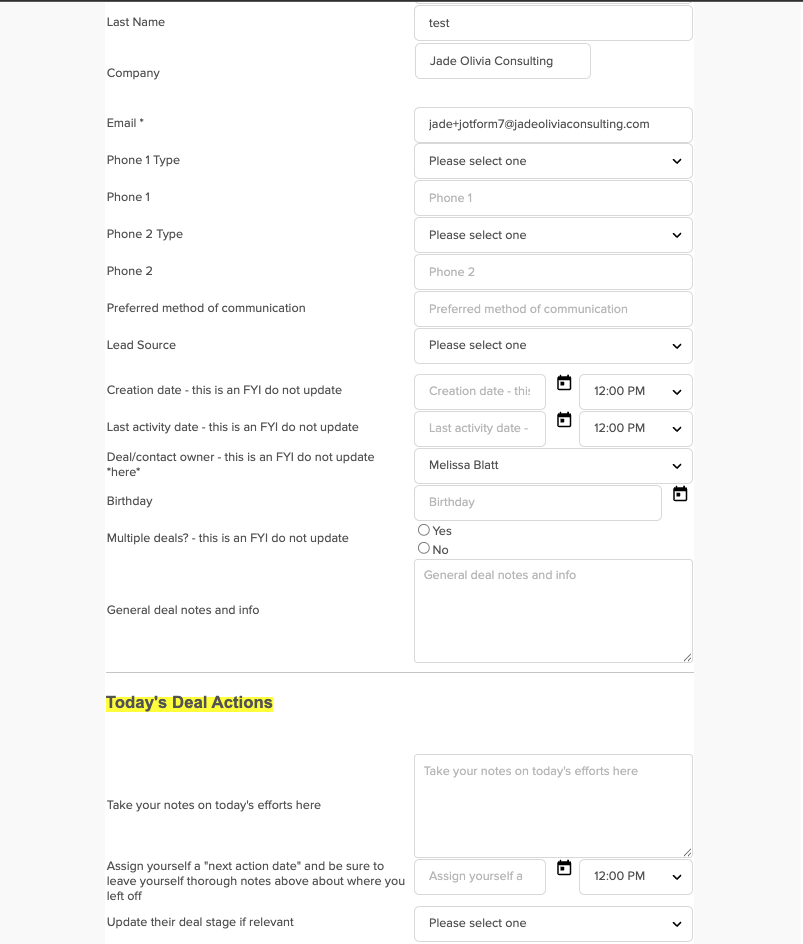 Example internal deal form with notes and next action date