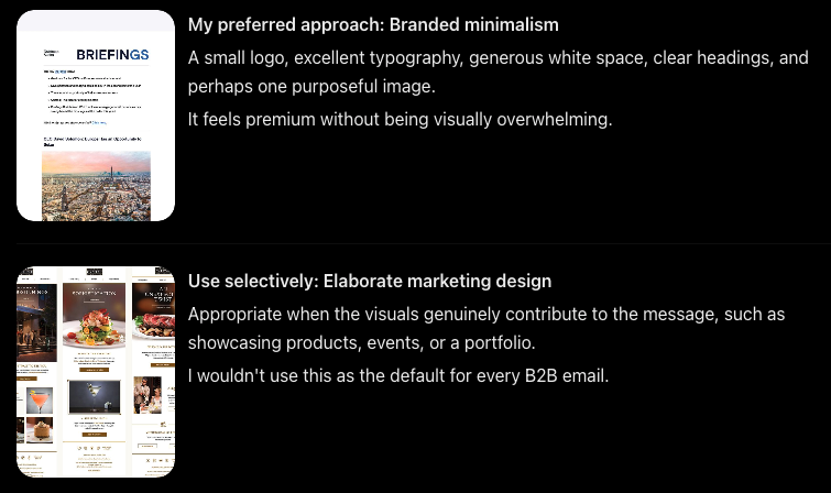 Branded minimalism email layout compared with an elaborate image-heavy marketing design